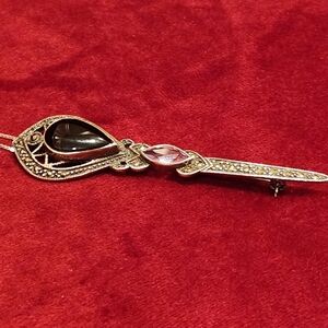 Vintage Sterling Silver Onyx & Amethyst Brooch